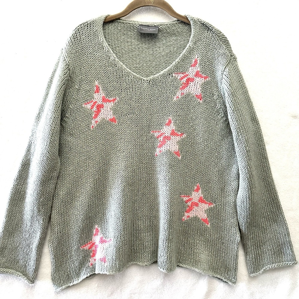 Wooden‎ Ships M Medium Pink Camo Stars Oversized Wool Mohair Sweater Raglan Y2K